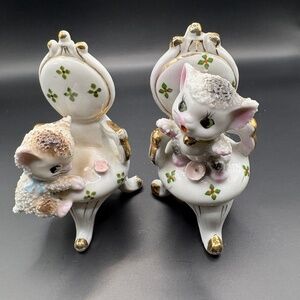 1950s MCM Sugar Glazed Kittens on Chairs Figurines Set of 2